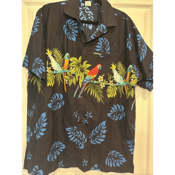 Funky Hawaiian Shirt Parrot Chest Print Blue Jamaica Tropical Birds  Large - Picture 1 of 7